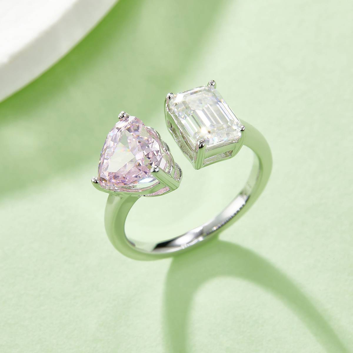 Heart Ice Flower Cut AND Rectangular Moissanite 925 Silver Plated Platinum Women's Ring 2 Carat D-Class